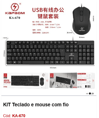 KIT Teclado e mouse com fio R$34,2 PCS/cx:20