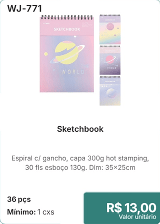Sketchbook 36 pçs R$ 13.00