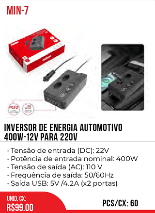 Inversor De Energia Automotivo 400w-12v para 220v 60PÇ=99$