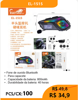 FONE BLUETOOTH PARA CAPACETE PCS/CX:100 R$34,9
