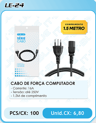 CABO DE FORÇA COMPUTADOR - Corrente: 16A - Tensão: até 250V - 1,5M de comprimento PCS/CX: 100 Unid.CX: 6,80