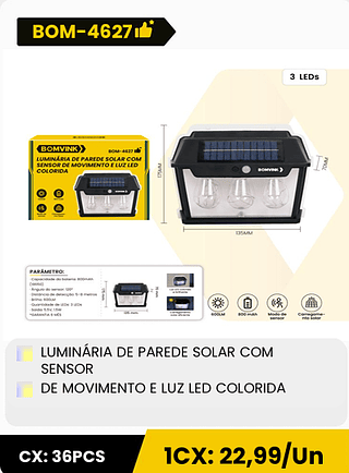 LUMINARIA DE PAREDE SOLAR COM SENSOR DE MOVIMENTO E LUZ LED COLORIDA CX: 36PCS 1CX: 22,99/Un