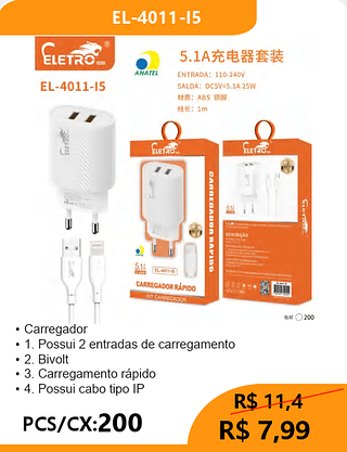 CARREGADOR LIGHTNING PCS/CX:200 R$7,99