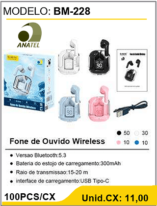 Fone de Ouvido Wireless 100PCS/CX Unid.CX: 11,00