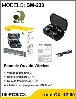 Fone de Ouvido Wireless 100PCS/CX Unid.CX: 12,00