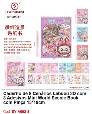 Caderno de 8 Cenários Labubu 3D com 8 Adesivos Mini World Scenic Book com Pinça 13*18cm R$ 4,05 PCS/cx: 400