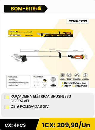 ROÇADEIRA ELÉTRICA BRUSHLESS DOBRÁVEL DE 9 POLEGADAS 2IV CX: 4PCS 1CX: 209,90/Un