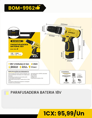 PARAFUSADEIRA BATERIA 18V CX: 10PCS ICX: 95,99/Un