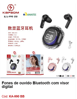 Fones de ouvido Bluetooth com visor digital R$12,6 PCS/CX:100