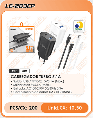 CARREGADOR TURBO 5.1A 200PÇ=10,5$