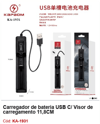 Carregador de bateria USB C/ Visor de carregamento 11,8CM R$ 3,87 PCS/Cx: 500