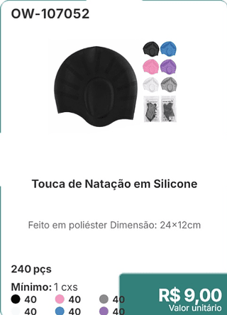 Touca de Natação em Silicone 240 pçs R$ 9.00