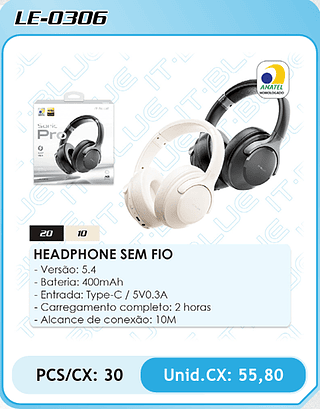 HEADPHONE SEM FIO - Versão: 5.4 - Bateria: 400mAh - Entrada: Type-C / 5V0.3A - Carregamento completo: 2 horas - Alcance de conexão: 10M PCS/CX: 30 Unid.CX: 55,80