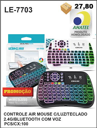CONTROLE AIR MOUSE C/LUZ/TECLADO 2.4G/BLUETOOTH COM VOZ 100PÇ=27,8$
