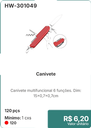 Canivete 120 pçs R$ 6,20