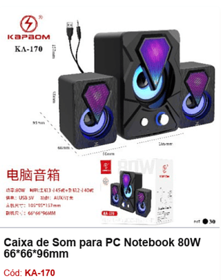 Caixa de Som para PC Notebook 80W R$53,1 PCS/CX:30