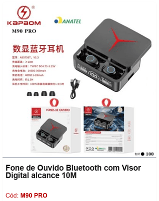 Fone de Ouvido Bluetooth com Visor Digital alcance 10M R$15,3 PCS/CX:100