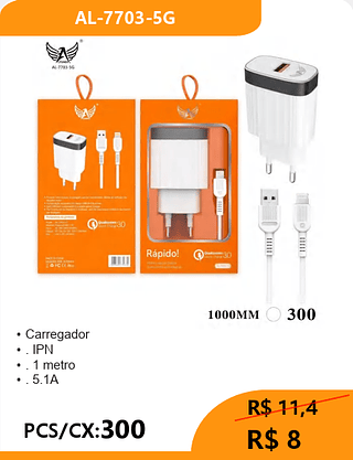 CARREGADOR LIGHTNING PCS/CX:300 R$ 8