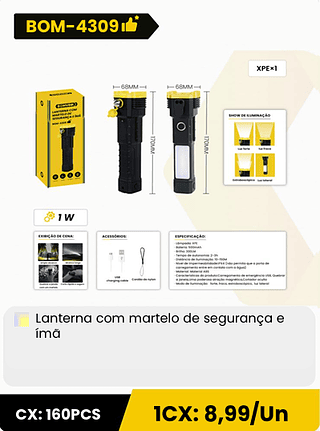 Lanterna com martelo de segurança e ímã CX: 160PCS 1CX: 8,99/Un