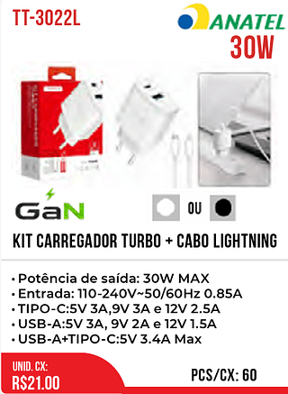 KIT CARREGADOR TURBO + CABO LIGHTNING 60pç=21$