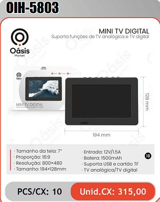 MINI TV DIGITAL Suporta funcoes de TV analogica e TV digital PCS/CX: 10 Unid.CX: 315,00