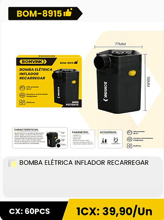 BOMBA ELÉTRICA INFLADOR RECARREGAR CX: 60PCS 1CX: 39,90/Un