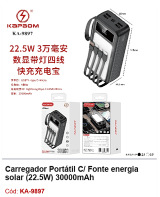Carregador Portátil C/ Fonte energia solar (22.5W) 30000mAh R$81 PCS/cx: 40