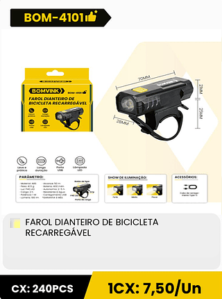 FAROL DIANTEIRO DE BICICLETA RECARREGÁVEL CX: 240PCS 1CX: 7,50/Un