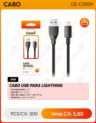 CABO USB PARA LIGHTNING PCS/CX: 300 Unid.CX: 5,80