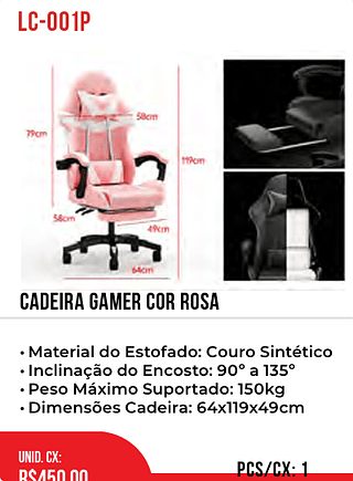 CADEIRA GAMER COR ROSA 1pç=450$