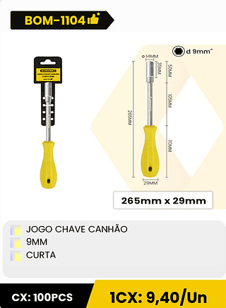 JOGO CHAVE CANHÃO 9MM CURTA CX: 100PCS 1CX: 9,40/Un