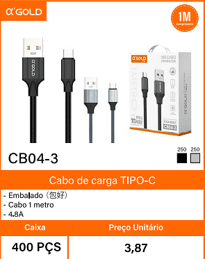 Cabo de cargaTIPO-C Caixa 400 PCS Preco Unitario 3,87