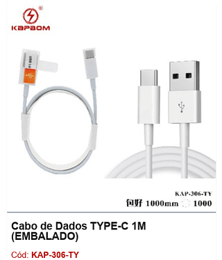 Cabo de Dados TYPE-C 1M R$ 1,53 PCS/CX:1000