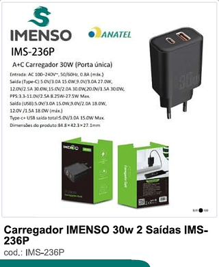 Carregador IMENSO 30w 2 Saídas 100PC/CX R$18