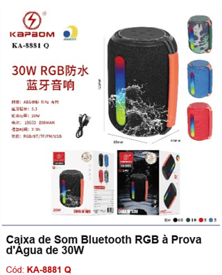 Caixa de Som Bluetooth RGB à Prova d'Água de 30W R$25,2 PCS/CX:80