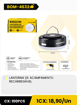 LANTERNA DE ACAMPAMENTO RECARREGÁVEL CX: 100PCS 1CX: 18,90/Un