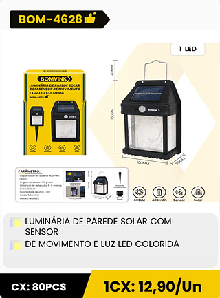 LUMINÁRIA DE PAREDE SOLAR COM SENSOR DE MOVIMENTO E LUZ LED COLORIDA CX: 80PCS 1CX: 12,90/Un