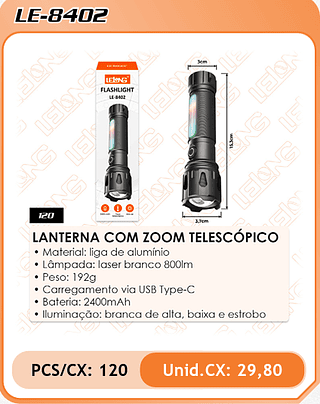 LANTERNA COM ZOOM TELESCÓPICO 120PÇ=29,8$