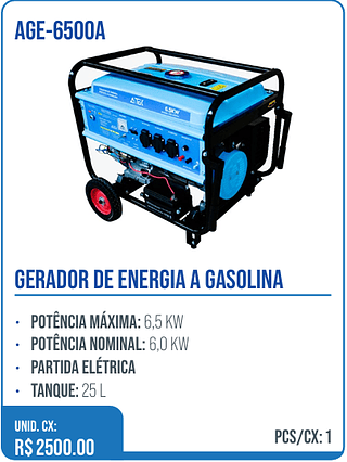 GERADOR DE ENERGIA A GASOLINA UNID. CX: R$ 2500.00 PCS/CX: 1