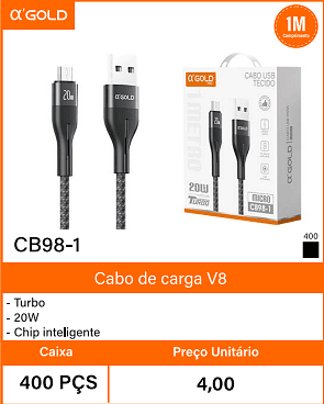Cabo de carga V8 Caixa 400 PCS Preco Unitario 4,00