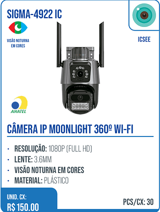 CÂMERA IP MOONLIGHT 360º WI-FI UNID. CX: R$ 150.00 PCS/CX: 30