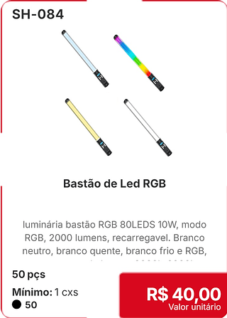 Bastão de Led RGB 50 pçs R$ 40,00