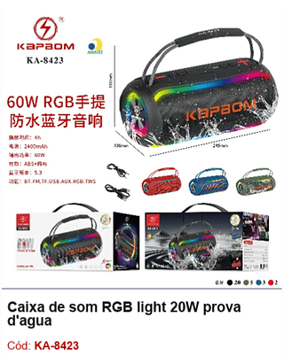 Caixa de som RGB light 20W prova d'agua R$106,2 PCS/CX:30