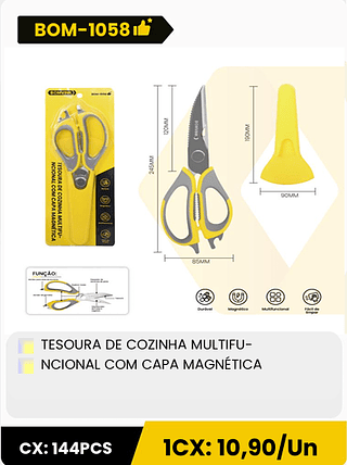 TESOURA DE COZINHA MULTIFU- NCIONAL COM CAPA MAGNETICA CX: 144PCS 1CX: 10,90/Un