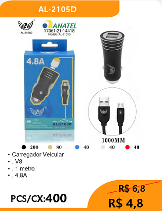 Carregador Veicular V8 PCS/CX:400 R$ 4,8