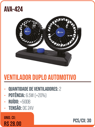 VENTILADOR DUPLO AUTOMOTIVO UNID. CX: R$ 28.00 PCS/CX: 30