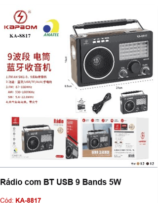 Rádio com BT USB 9 Bands 5W R$63 PCS/Cx:24