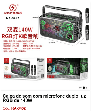 Caixa de som com microfone duplo luz RGB de 140W R$855 PCS/CX:1