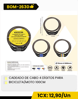 CADEADO DE CABO 4 DÍGITOS PARA BICICLETA/MOTO 100CM CX: 60PCS 1CX: 12,90/Un
