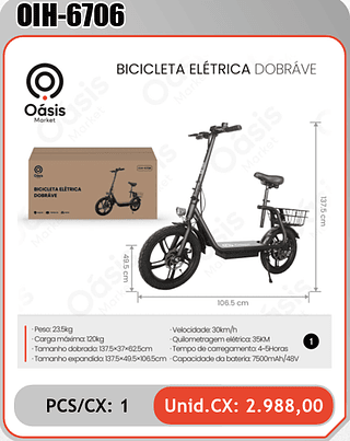 BICICLETA ELÉTRICA DOBRÁVEL PCS/CX: 1 Unid.CX: 2.988,00